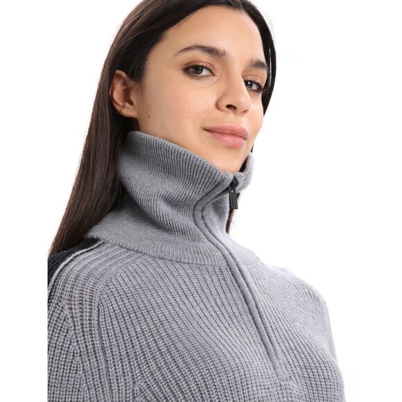 Icebreaker 1/2 Zip Merino Wool Lodge Sweater Womens Medium Grey Ribbed Knit - Picture 2 of 10